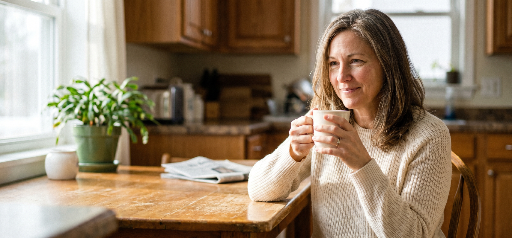 Woman in her late 40s holding a coffee mug in a sunlit kitchen, calm morning light.