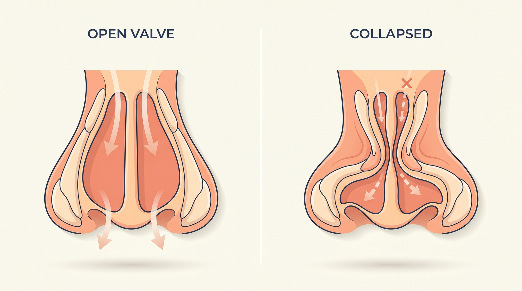 Two-panel cross-section diagram of the nasal valve: open on the left with smooth airflow, collapsed on the right with restricted airflow.