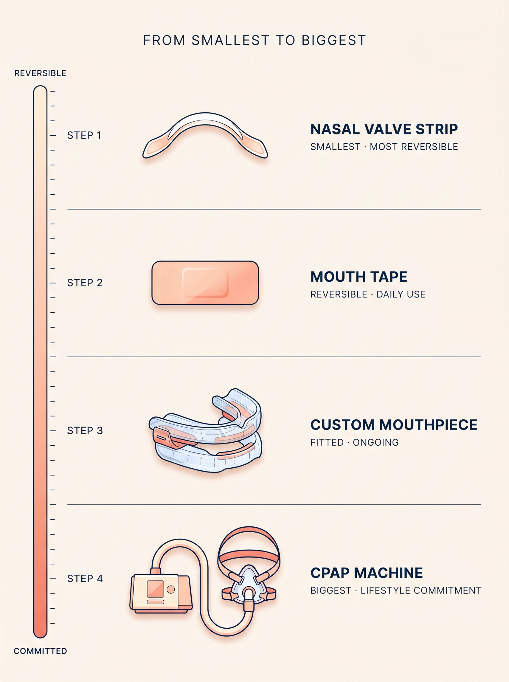 Vertical four-step infographic ranking nasal airway interventions from smallest to biggest commitment: nasal valve strip, mouth tape, custom mouthpiece, CPAP machine. Reversibility scale on the left.