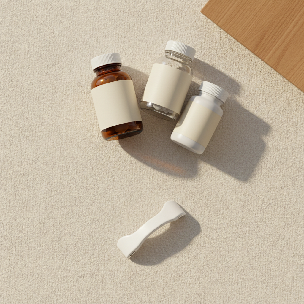 Top-down flat-lay of three supplement bottles clustered together with a small white ClearStrip resting alone beside them on a cream linen surface.